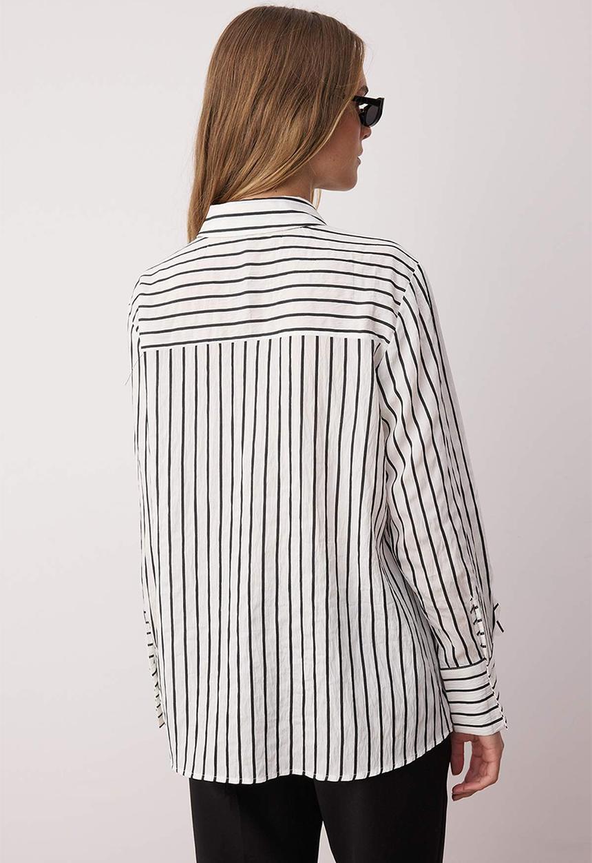 Trendyol - Collar Floral Detailed Striped Shirt - White