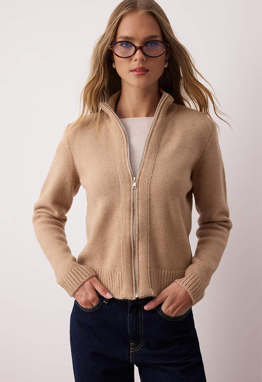 Trendyol - Zippe Stand Collar Soft Textured Knitwear Cardigan - Mink