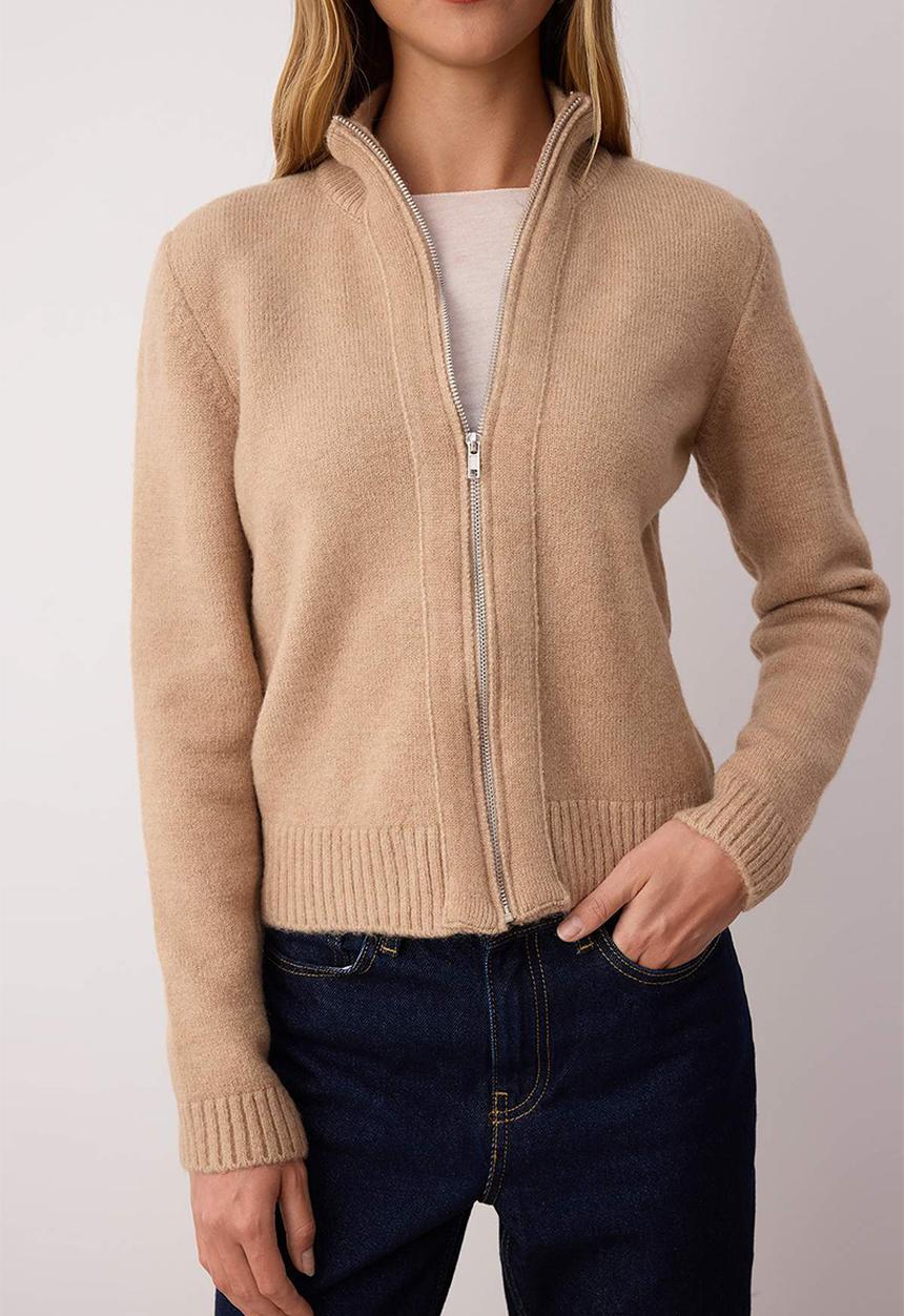 Trendyol - Zippe Stand Collar Soft Textured Knitwear Cardigan - Mink