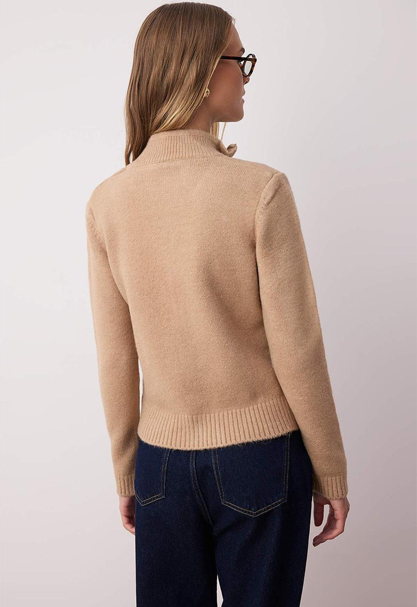 Trendyol - Zippe Stand Collar Soft Textured Knitwear Cardigan - Mink