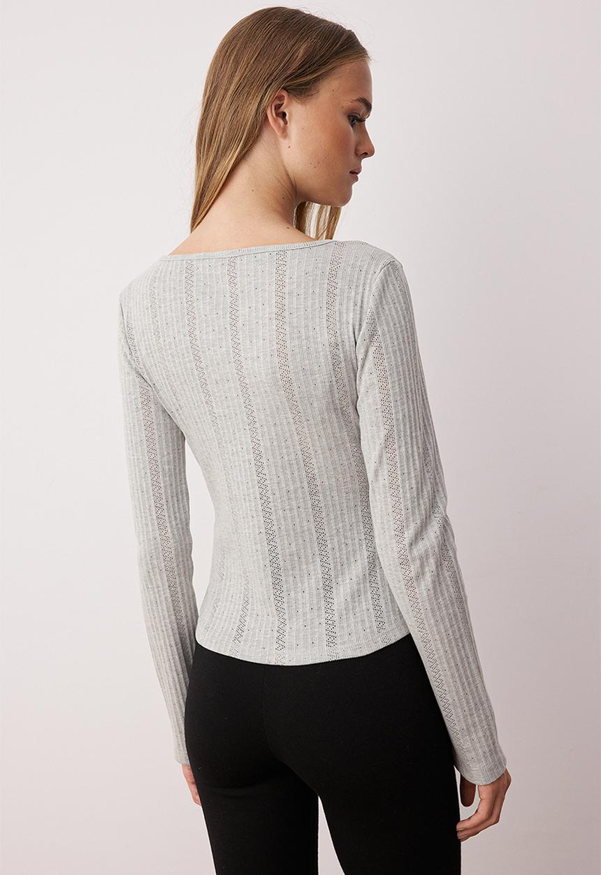 Trendyol - Slim Fit Pointel V Neck Slim Fit Stretchy Knitted Blouse - Grey Melange