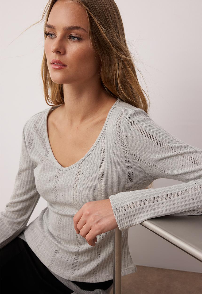 Trendyol - Slim Fit Pointel V Neck Slim Fit Stretchy Knitted Blouse - Grey Melange