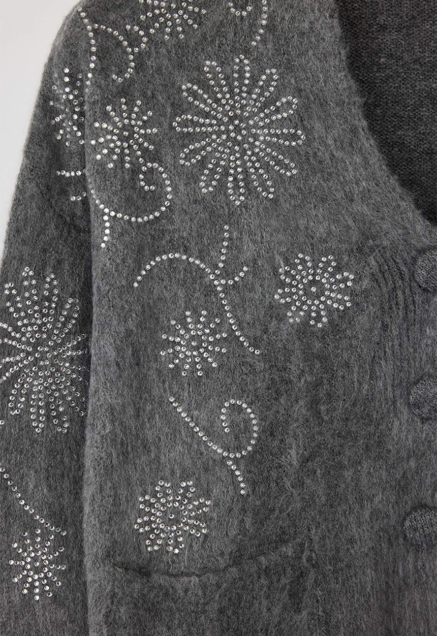 Trendyol - Soft Texture Wide Fit Stone Embroidered Knitwear Cardigan - Dark Grey