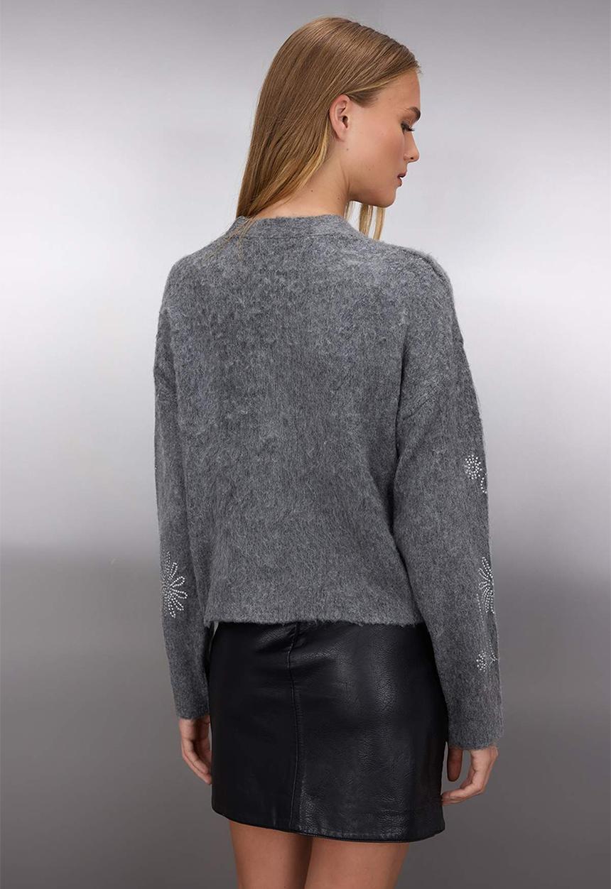 Trendyol - Soft Texture Wide Fit Stone Embroidered Knitwear Cardigan - Dark Grey