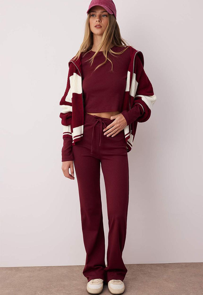 Trendyol - Slim/Fitted Knitted Top and Bottom Set - Bordeaux
