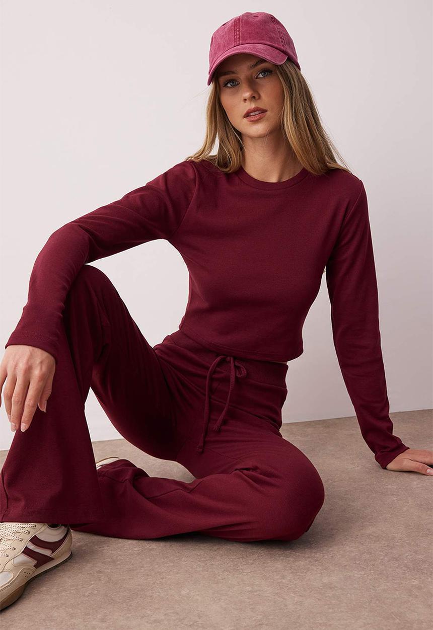Trendyol - Slim/Fitted Knitted Top and Bottom Set - Bordeaux