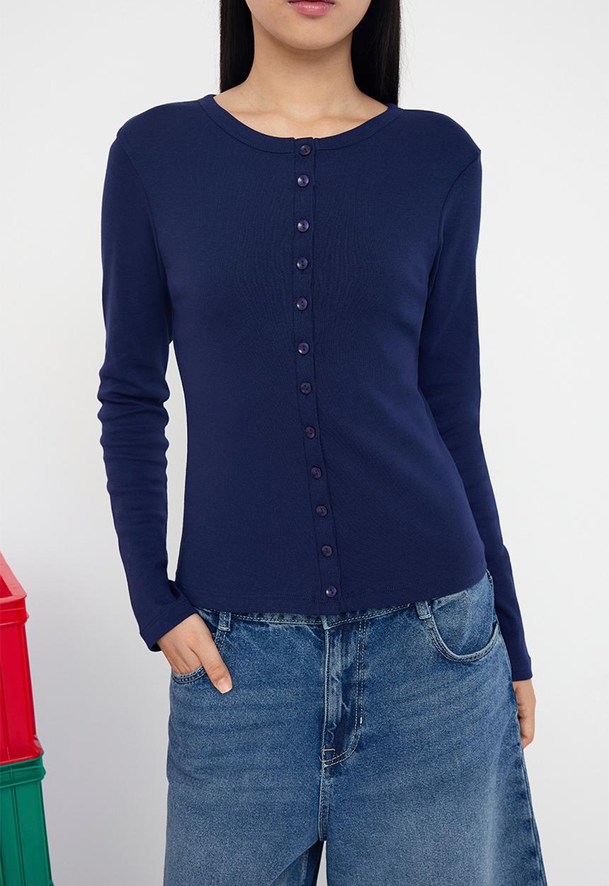 Trendyol - Buttoned Bodycon Stretchy Knitted Blouse - Navy Blue