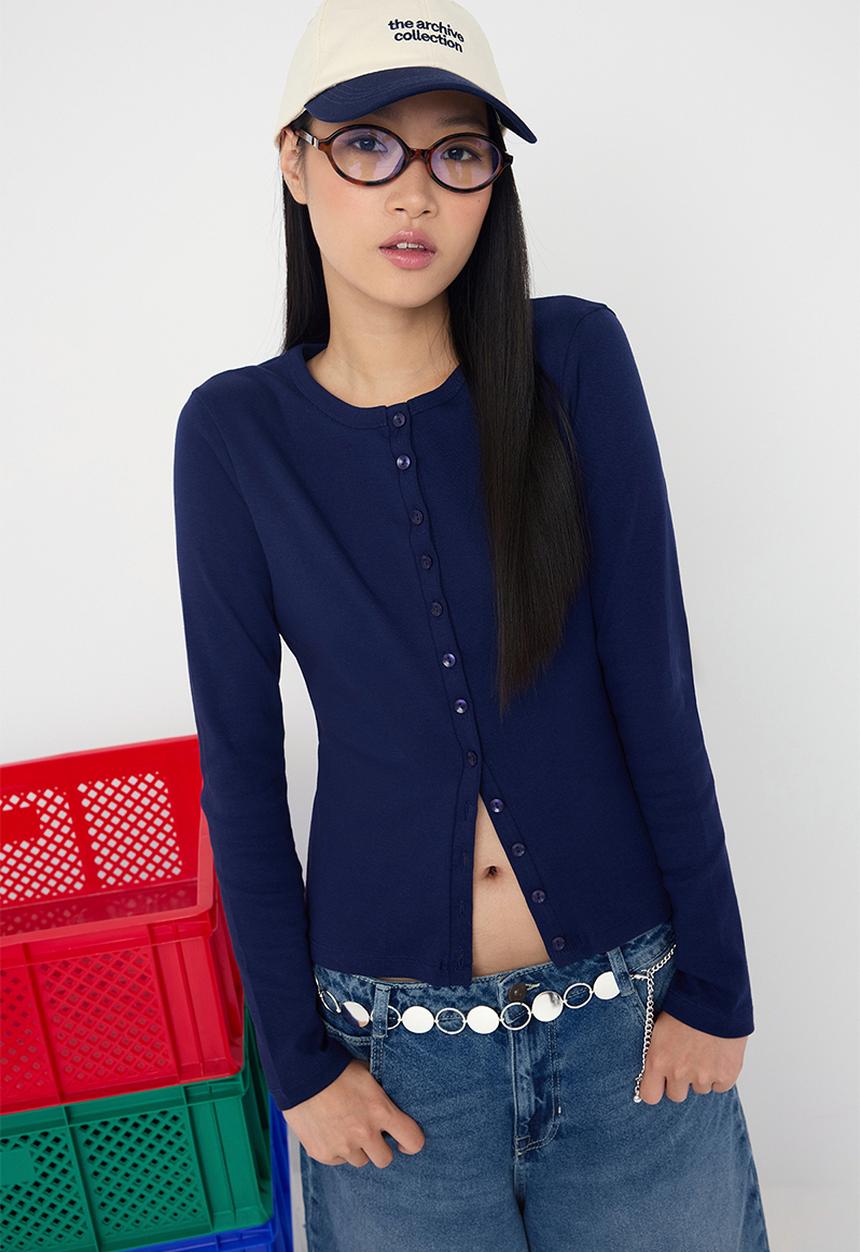 Trendyol - Buttoned Bodycon Stretchy Knitted Blouse - Navy Blue