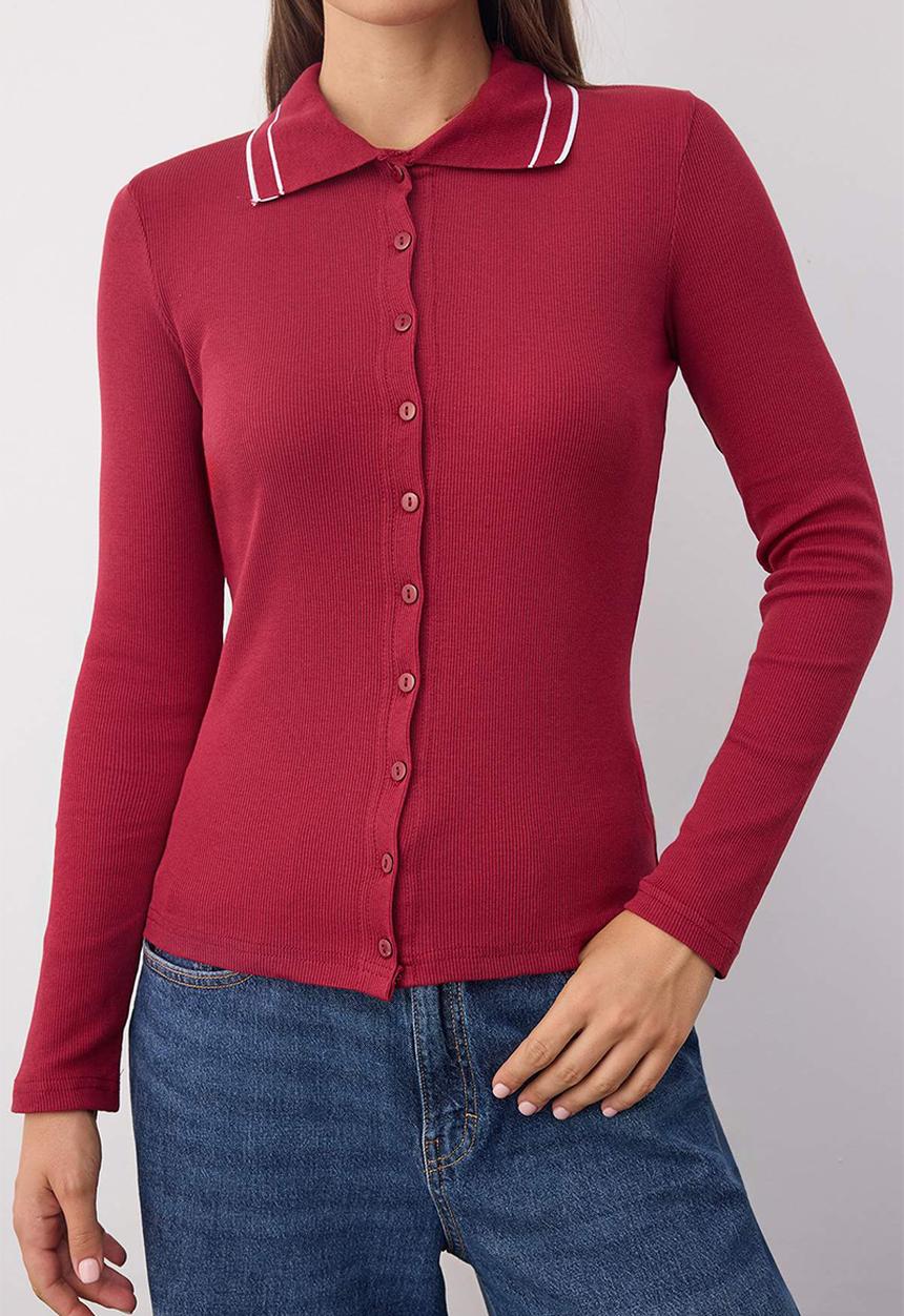 Trendyol - Piping Detailed Slim/Fitted Knitted Blouse - Burgundy