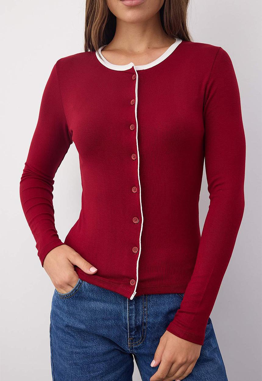 Trendyol - Block Button Knitted Blouse - Burgundy