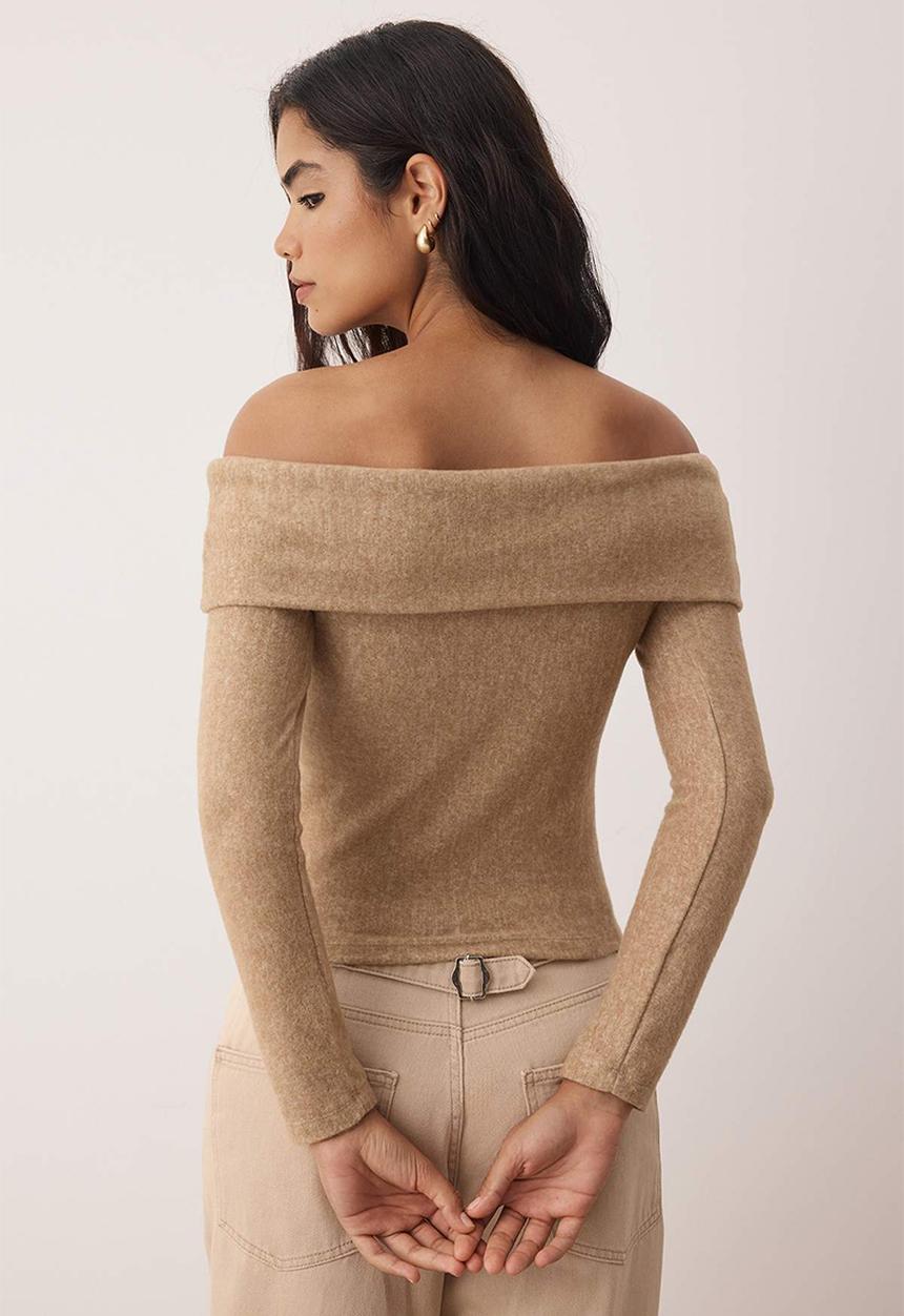 Trendyol - Carmen Collar Fitted/Slim Fit Knitted Blouse  - Beige