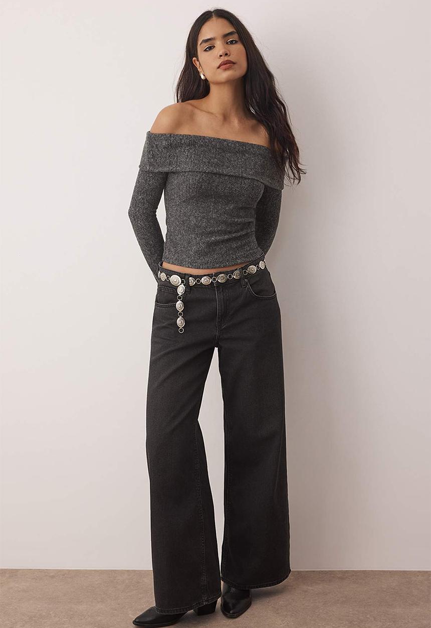 Trendyol - Carmen Collar Fitted/Slim Fit Knitted Blouse  - Anthracite