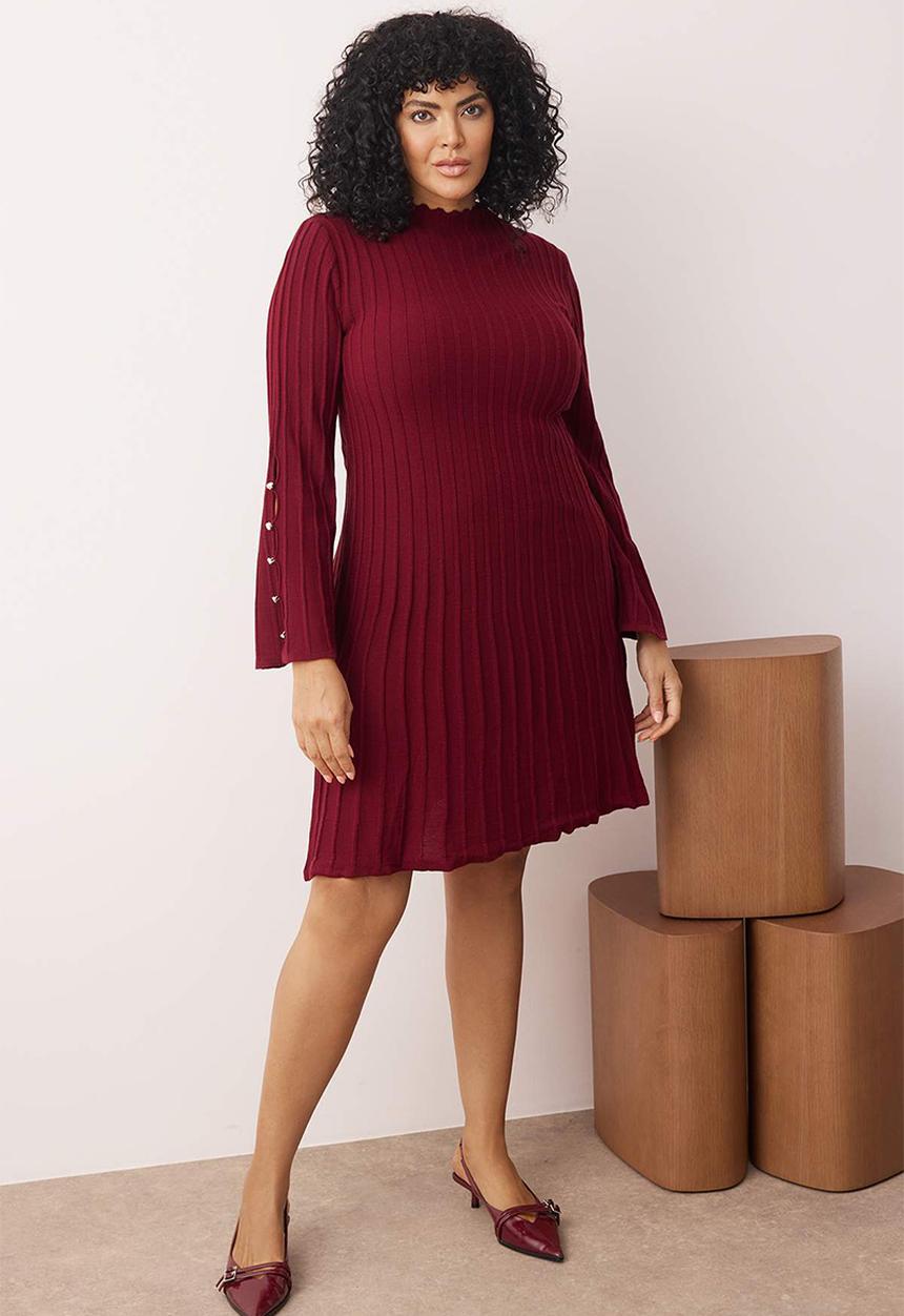Trendyol - Plus size corded accessory  dress - bordeaux