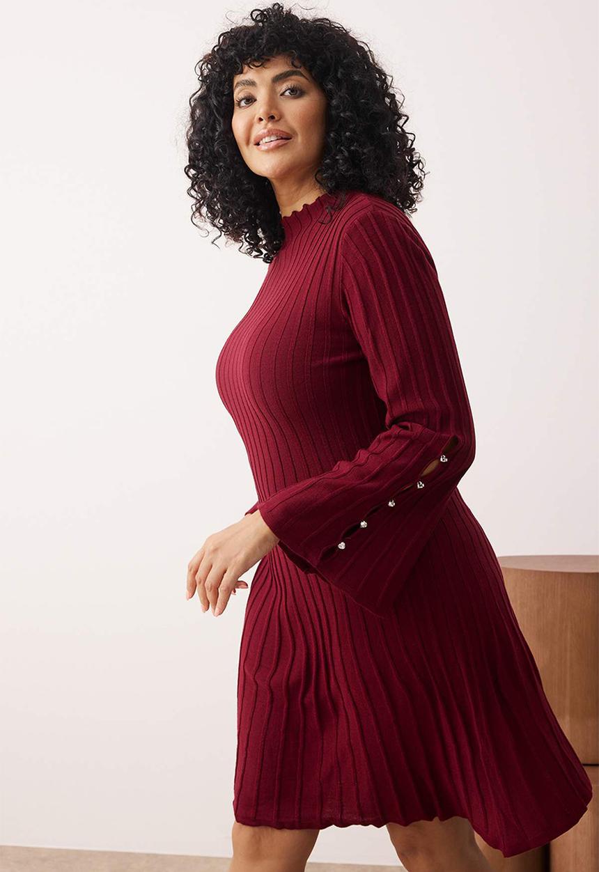 Trendyol - Plus size corded accessory  dress - bordeaux