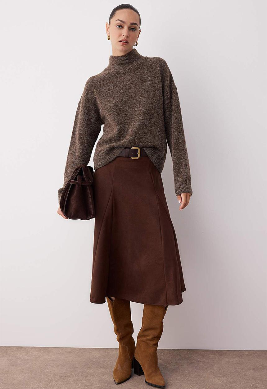 Trendyol - A-Line Woven Suede Midi Skirt  - Brown