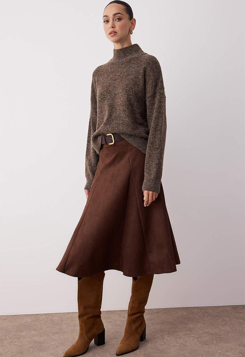 Trendyol - A-Line Woven Suede Midi Skirt  - Brown