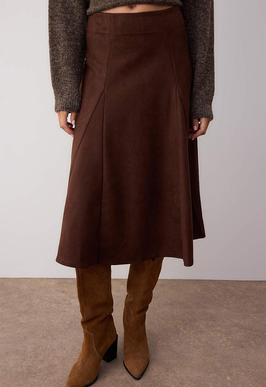Trendyol - A-Line Woven Suede Midi Skirt  - Brown