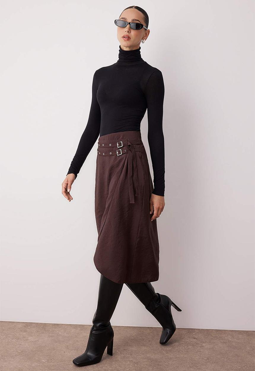 Trendyol - Belted Double Breasted Midi Woven Viscose Skirt - Dark Brown