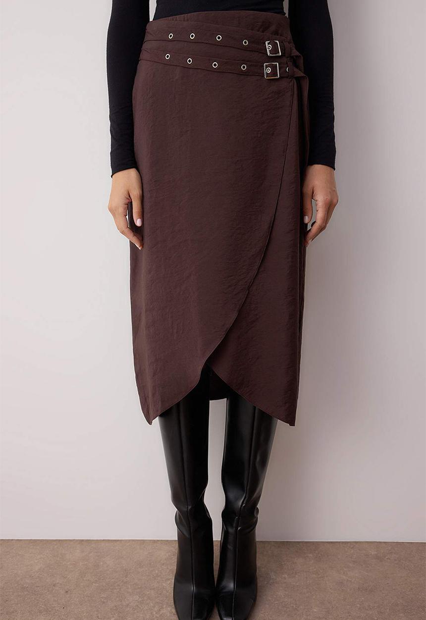 Trendyol - Belted Double Breasted Midi Woven Viscose Skirt - Dark Brown