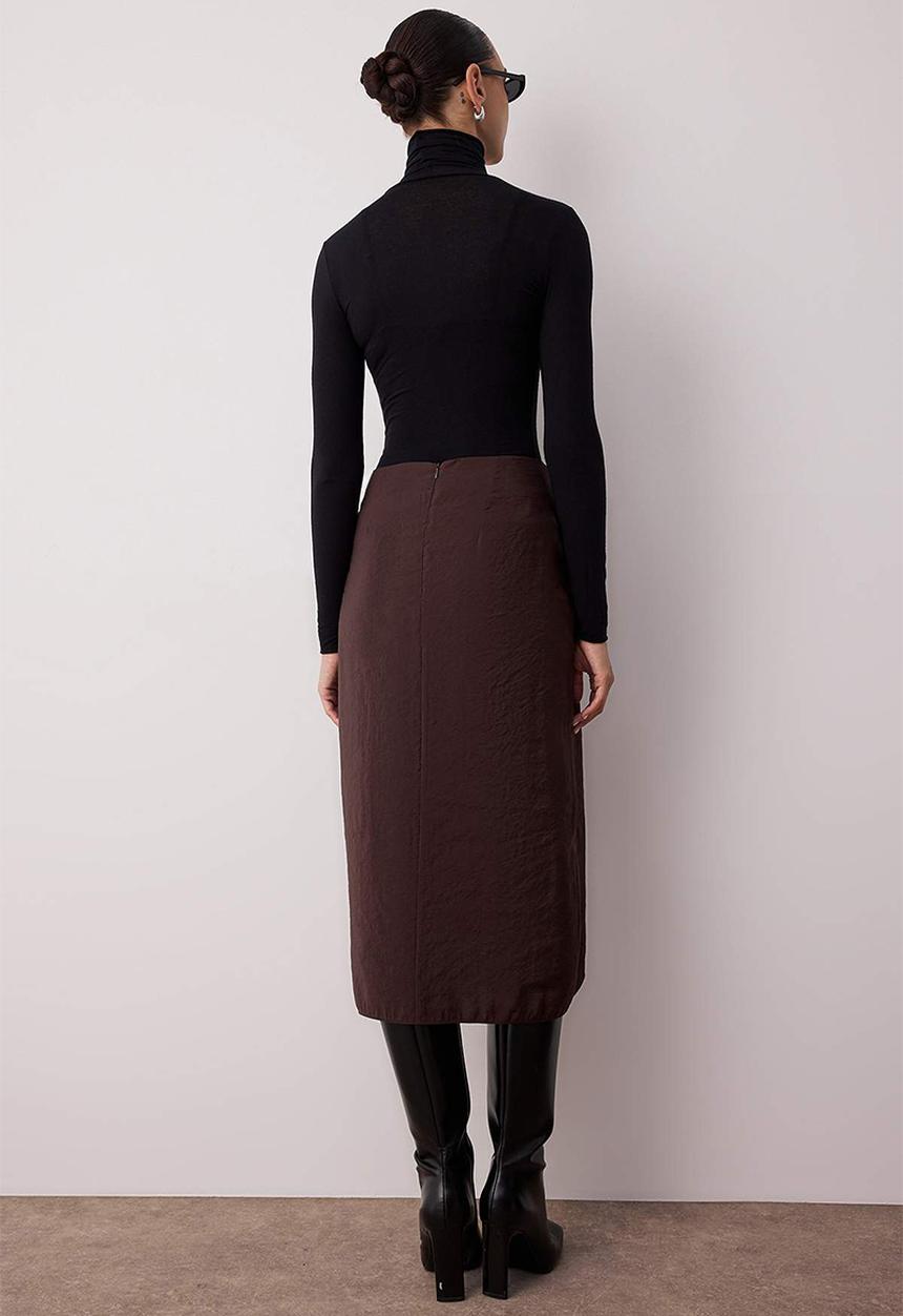 Trendyol - Belted Double Breasted Midi Woven Viscose Skirt - Dark Brown