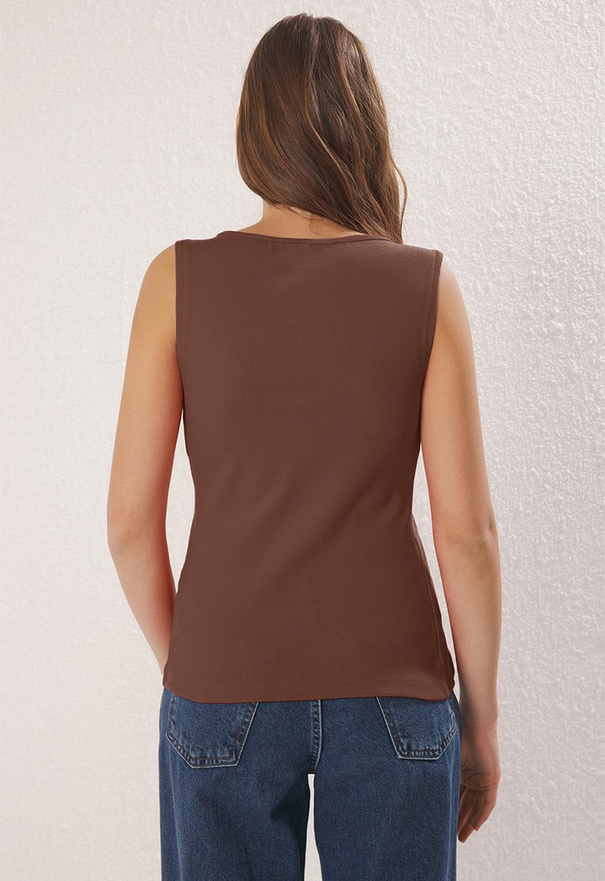 Trendyol - Button Asymmetrical Fitted/Slim Fit Ribbed Stretch Knit Blouse - Brown