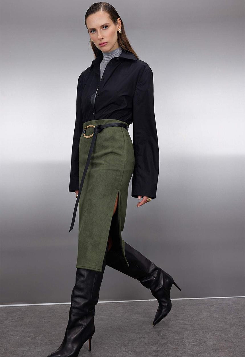 Trendyol - Suede Slit Knit Midi Pencil Skirt - Khaki