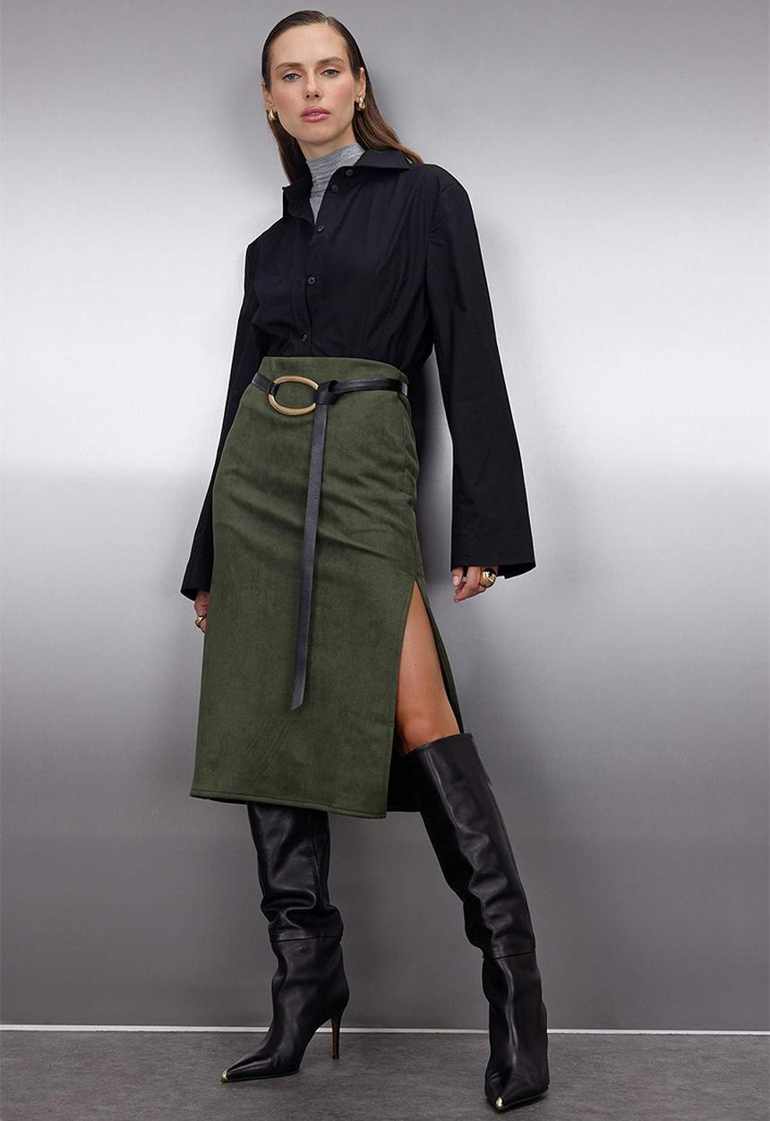 Trendyol - Suede Slit Knit Midi Pencil Skirt - Khaki