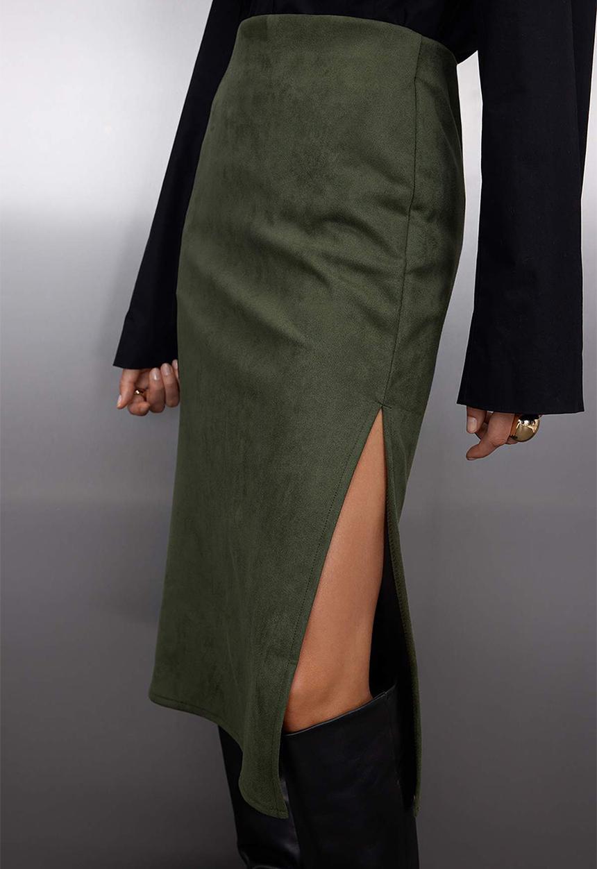 Trendyol - Suede Slit Knit Midi Pencil Skirt - Khaki