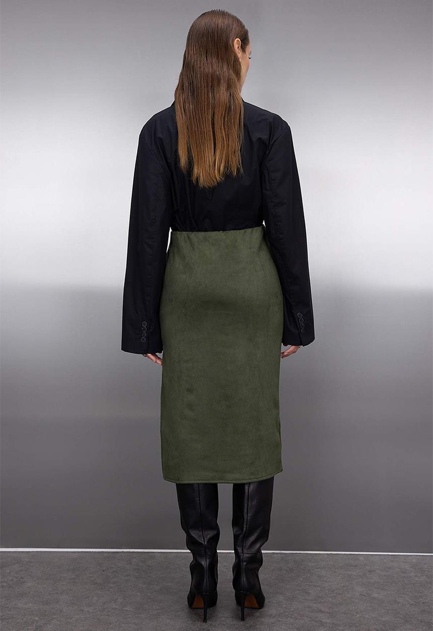 Trendyol - Suede Slit Knit Midi Pencil Skirt - Khaki