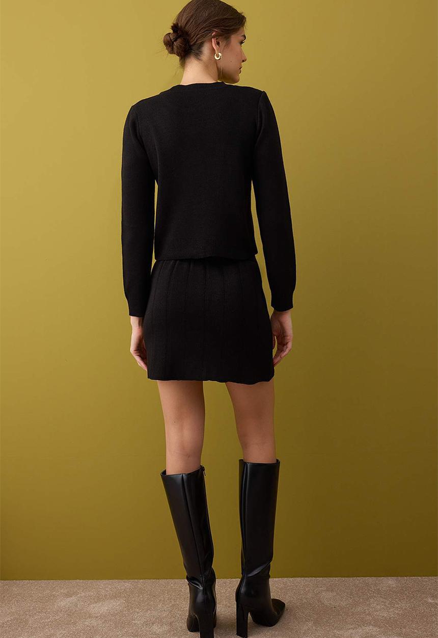 Trendyol - Crop Soft Textured Cardigan-Skirt Knitwear Bottom - Top Set - Black