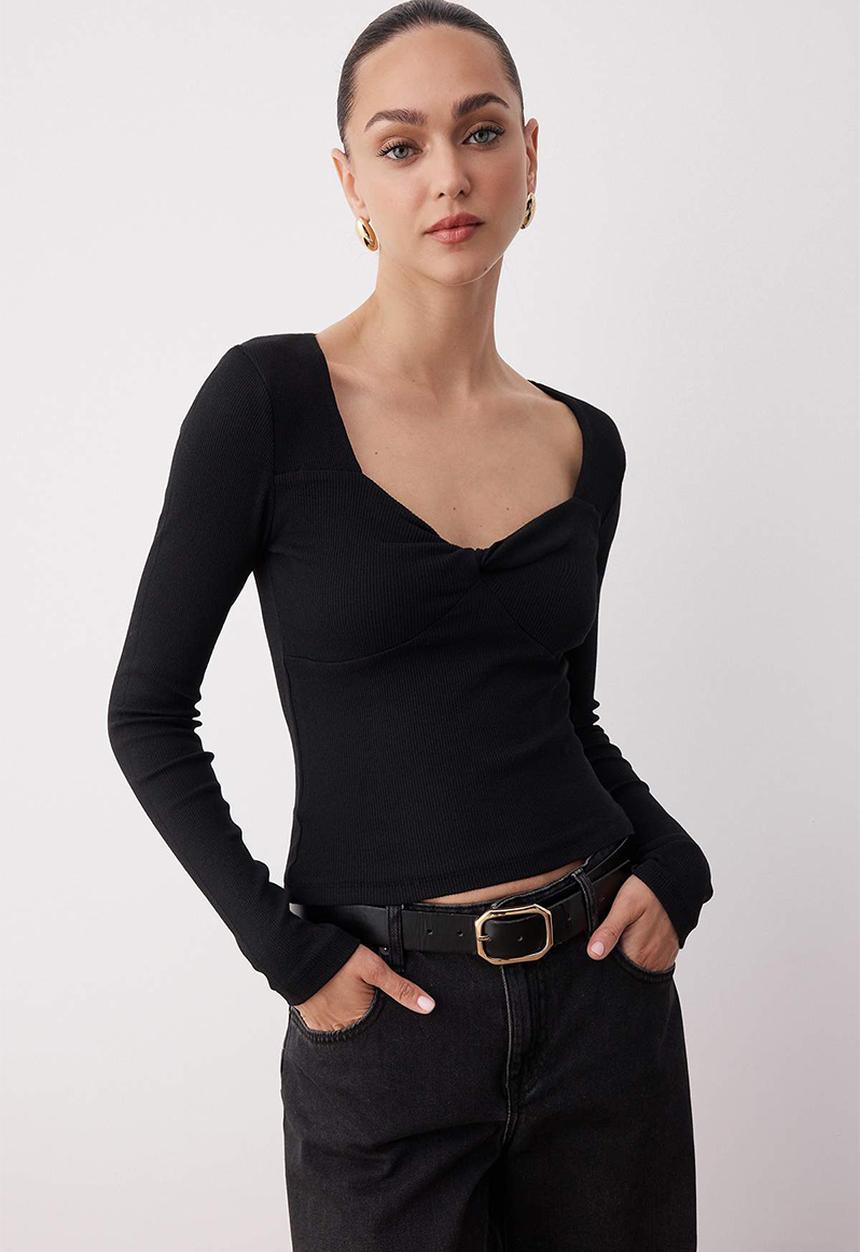 Trendyol - Bodycone/Fitted Crop Ribbed Stretchy Knitted Blouse - Black