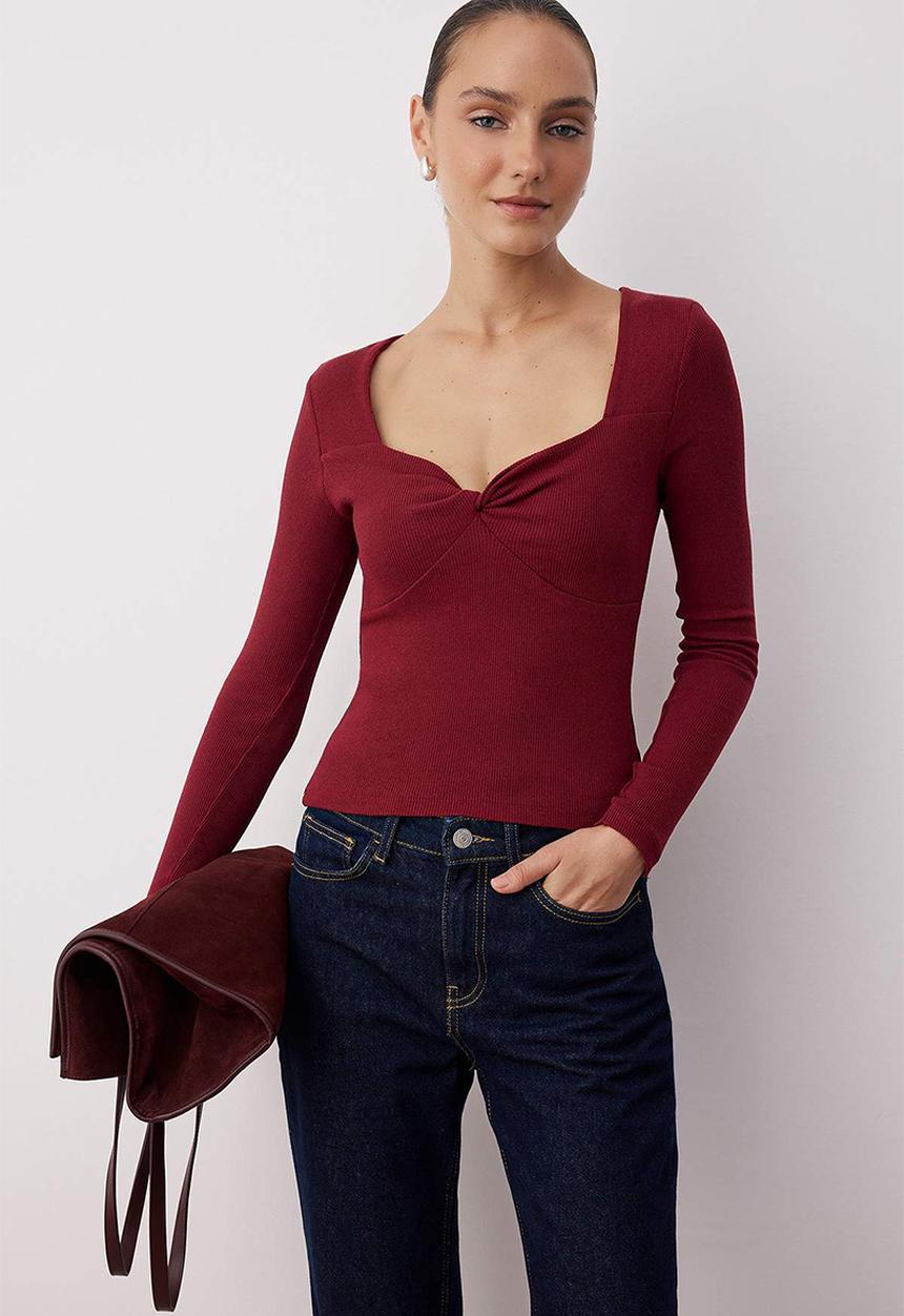 Trendyol - Bodycone/Fitted Crop Ribbed Stretchy Knitted Blouse - Burgundy