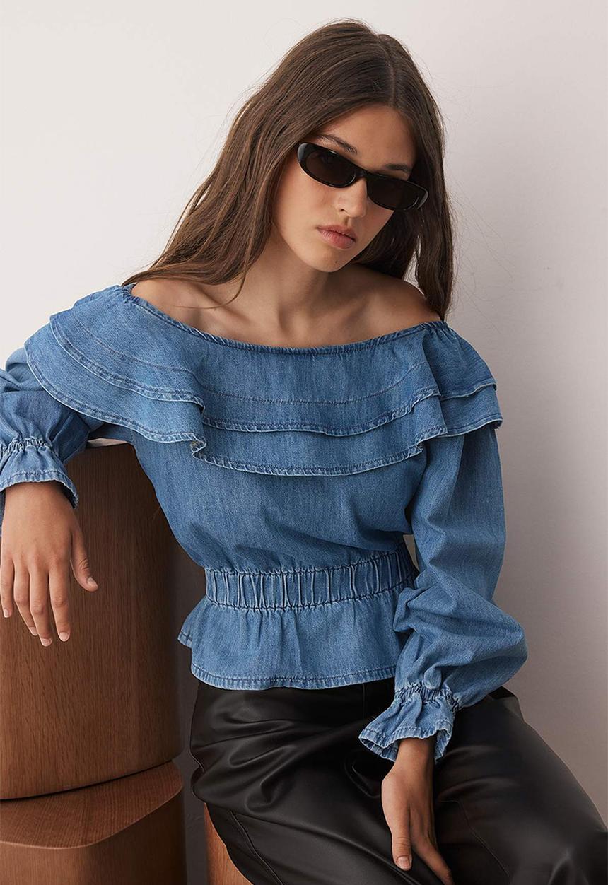 Trendyol - Denim Blouse with Frills - Blue
