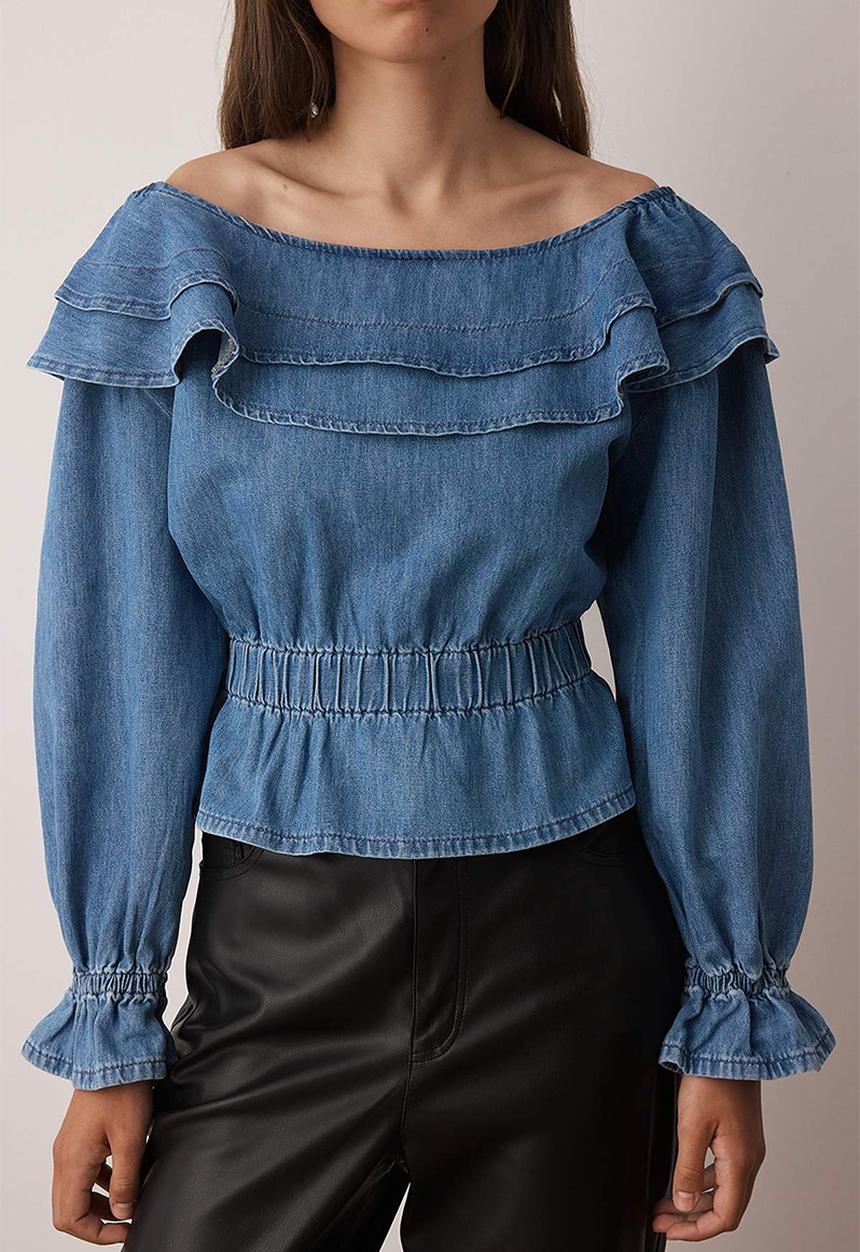 Trendyol - Denim Blouse with Frills - Blue