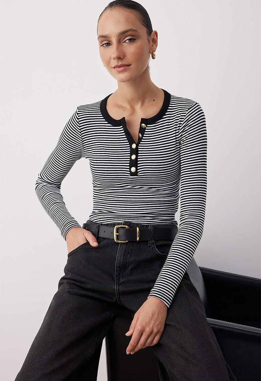 Trendyol - Button Fitted/Slim Fit Stretch Rib Knit Blouse - Black & White