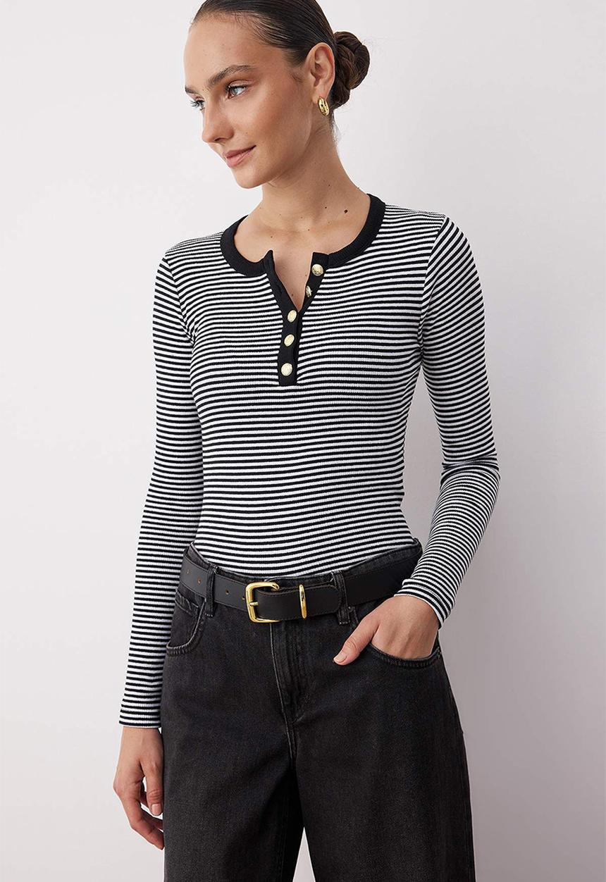 Trendyol - Button Fitted/Slim Fit Stretch Rib Knit Blouse - Black & White
