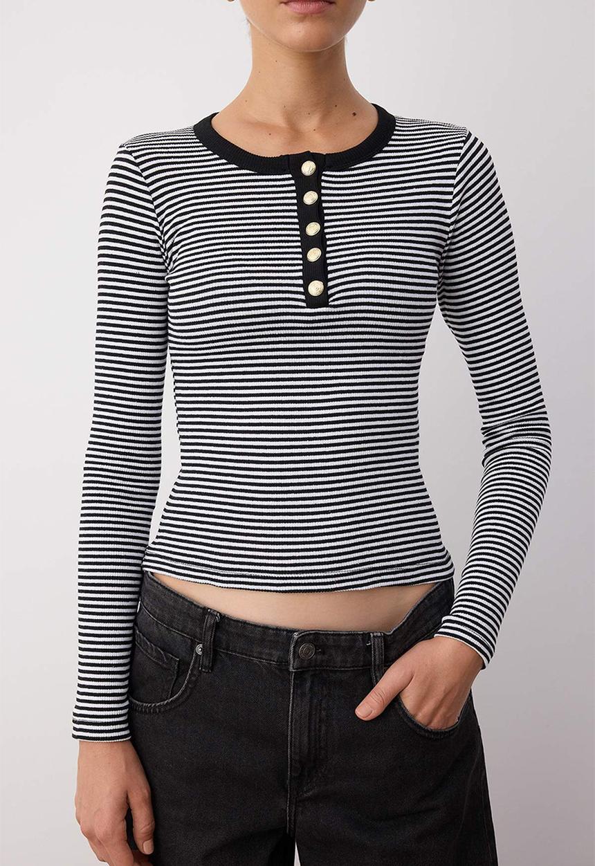 Trendyol - Button Fitted/Slim Fit Stretch Rib Knit Blouse - Black & White