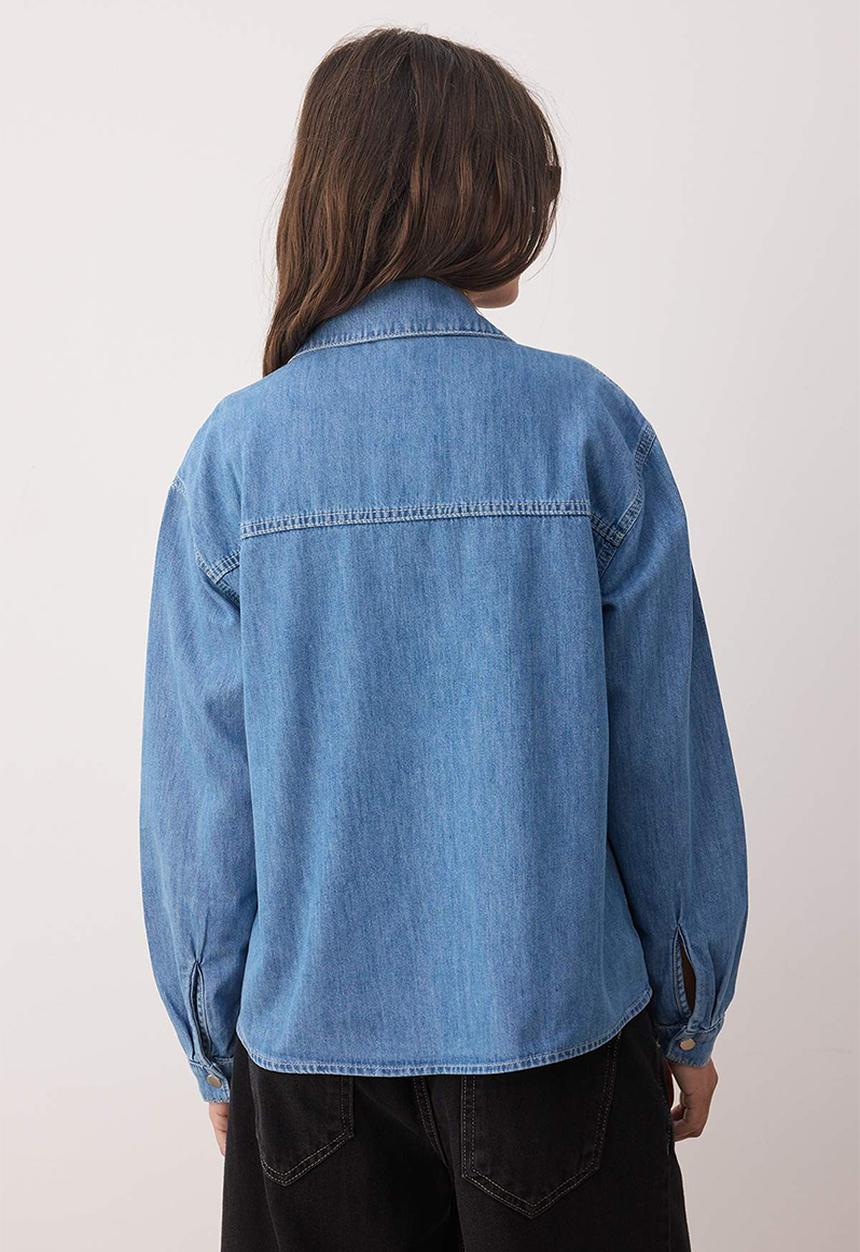 Trendyol - Eyelet Lacing Detailed Denim Shirt - Blue