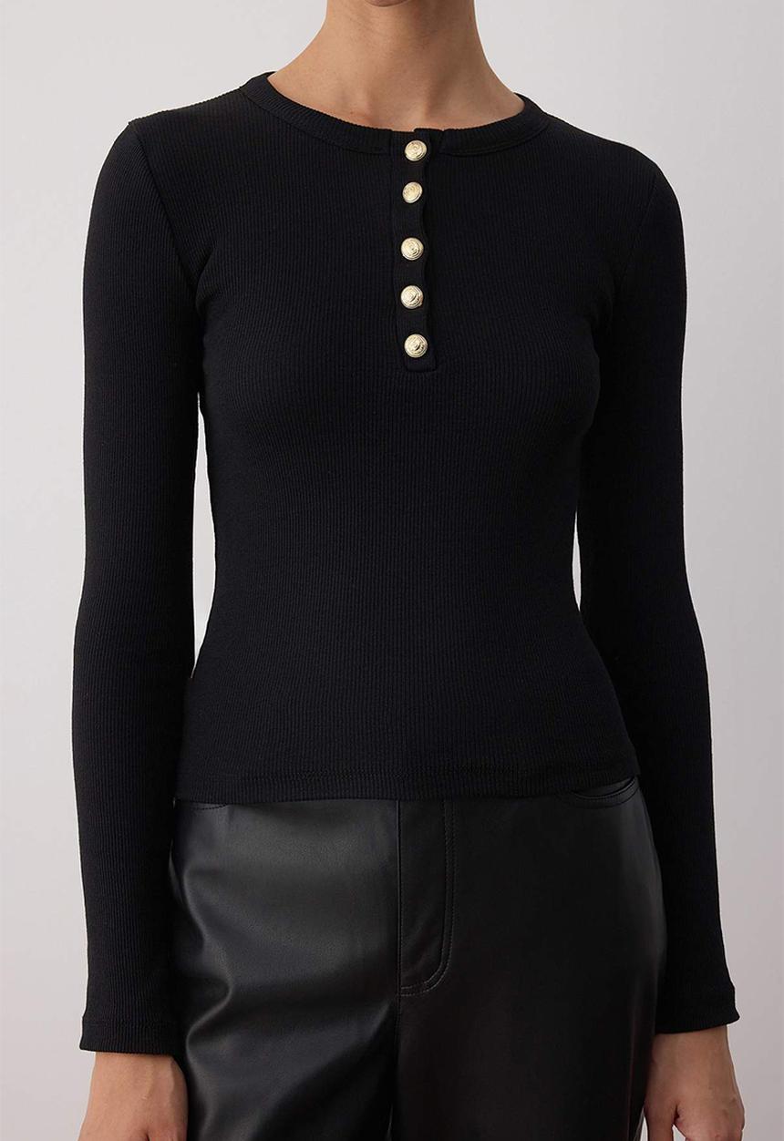 Trendyol - Button Fitted/Slim Fit Stretch Rib Knit Blouse - Black