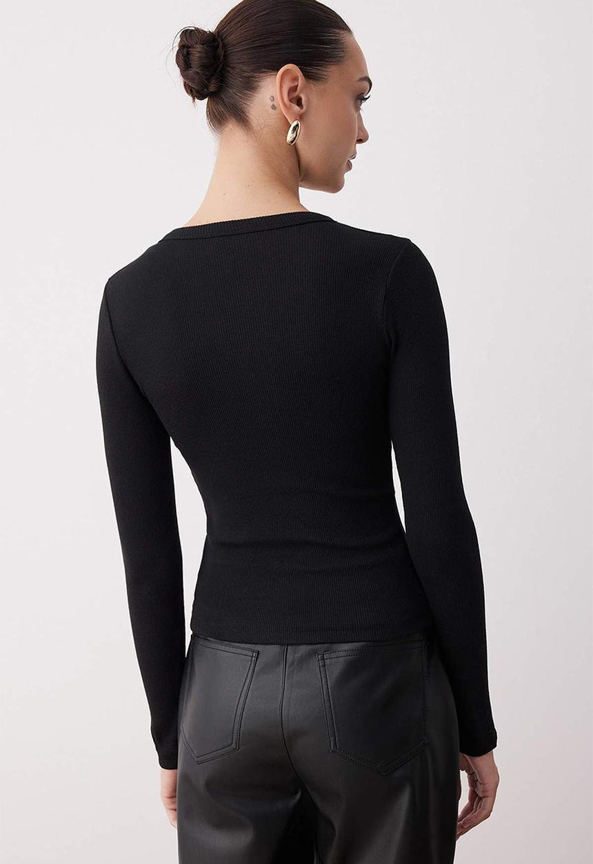 Trendyol - Button Fitted/Slim Fit Stretch Rib Knit Blouse - Black