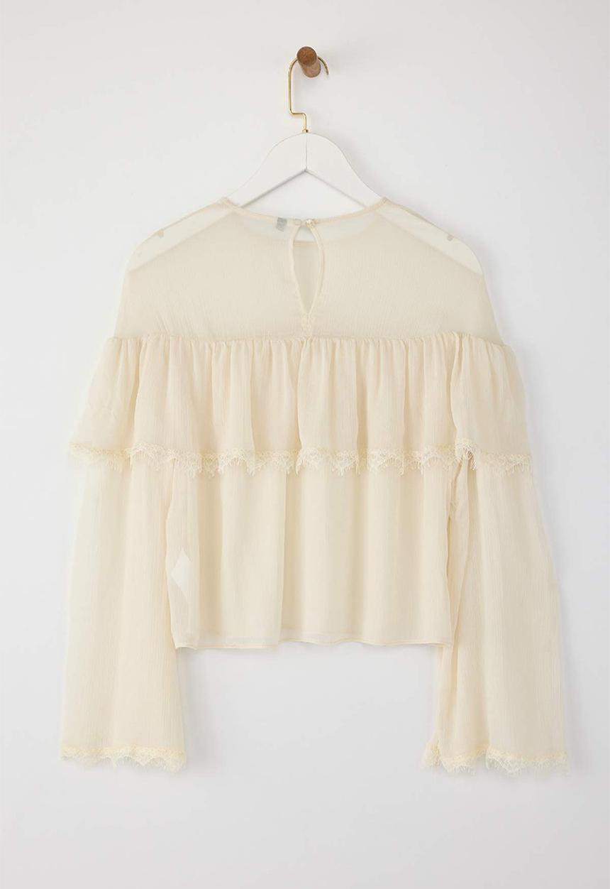 Trendyol - Chiffon Lace Detailed Round Neck Woven Blouse - Ecru