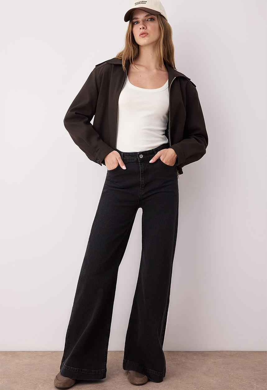 Trendyol - Regular Waist Wide Leg Jean - Black