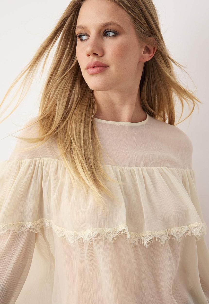 Trendyol - Chiffon Lace Detailed Round Neck Woven Blouse - Ecru
