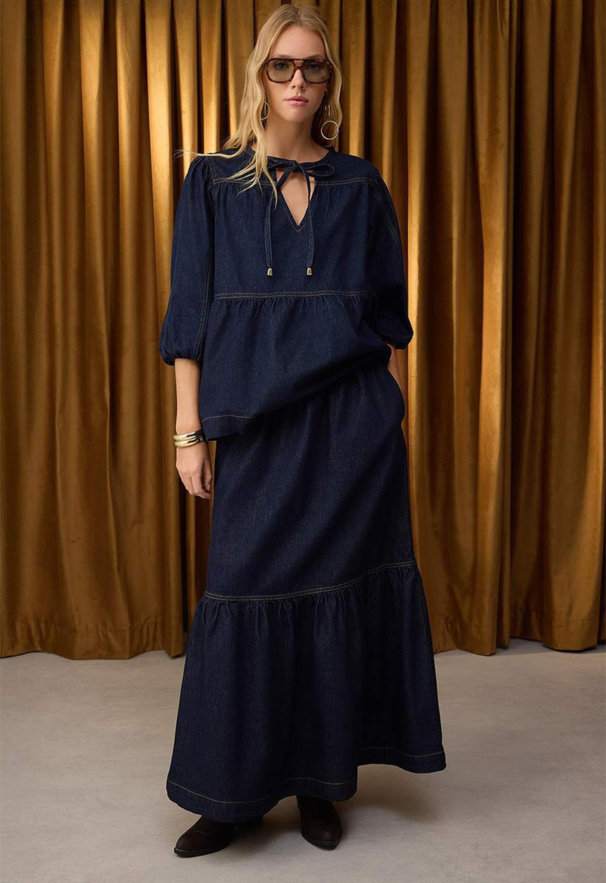 Trendyol - Maxi Flounced Elastic Waist Denim Skirt - Dark blue