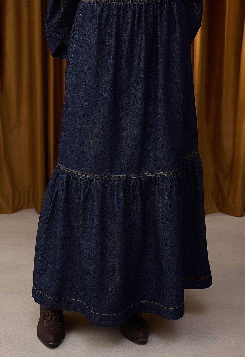 Trendyol - Maxi Flounced Elastic Waist Denim Skirt - Dark blue
