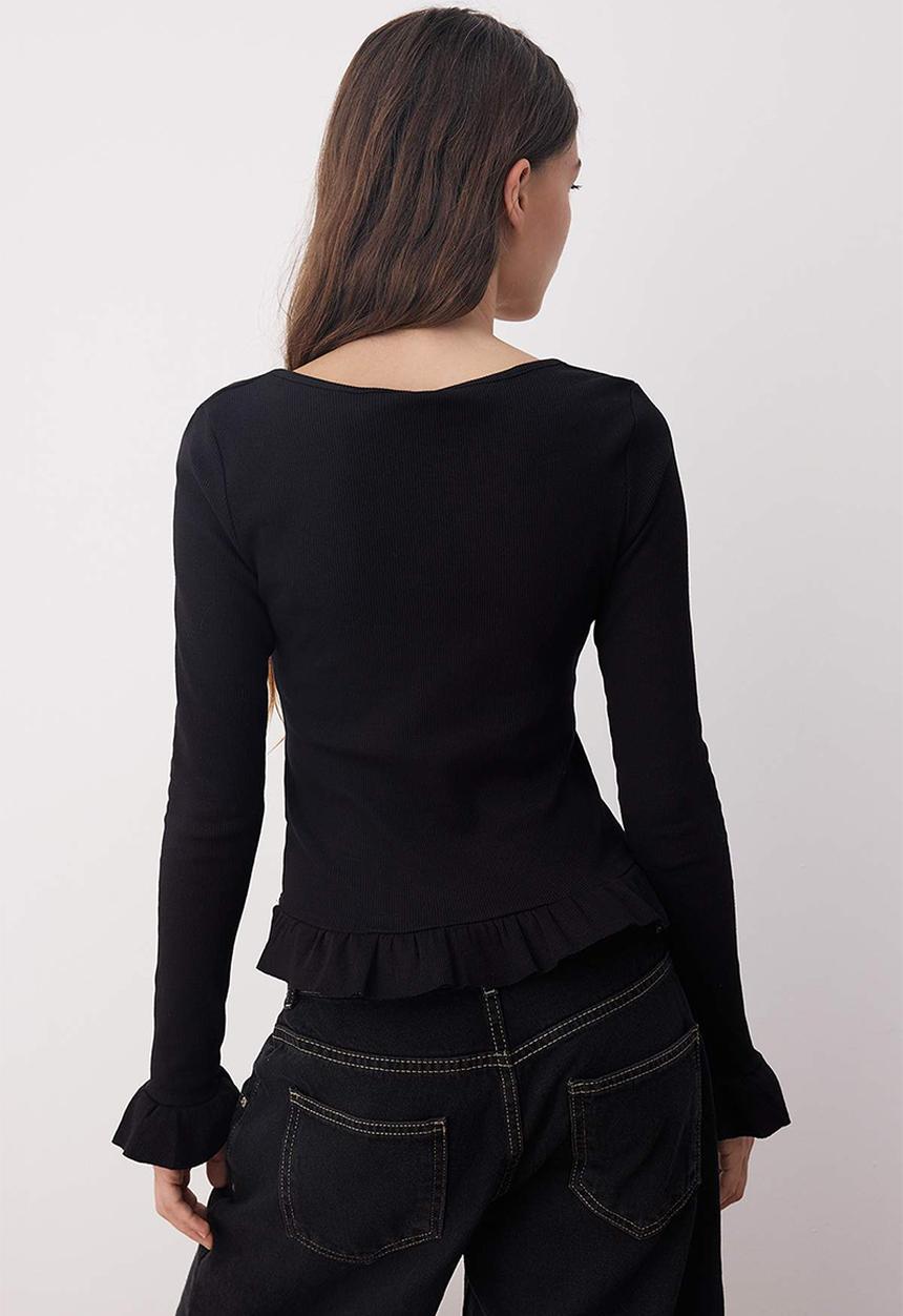 Trendyol - Ruffle Fitted/Bodycon Buttoned Knitted Blouse - Black