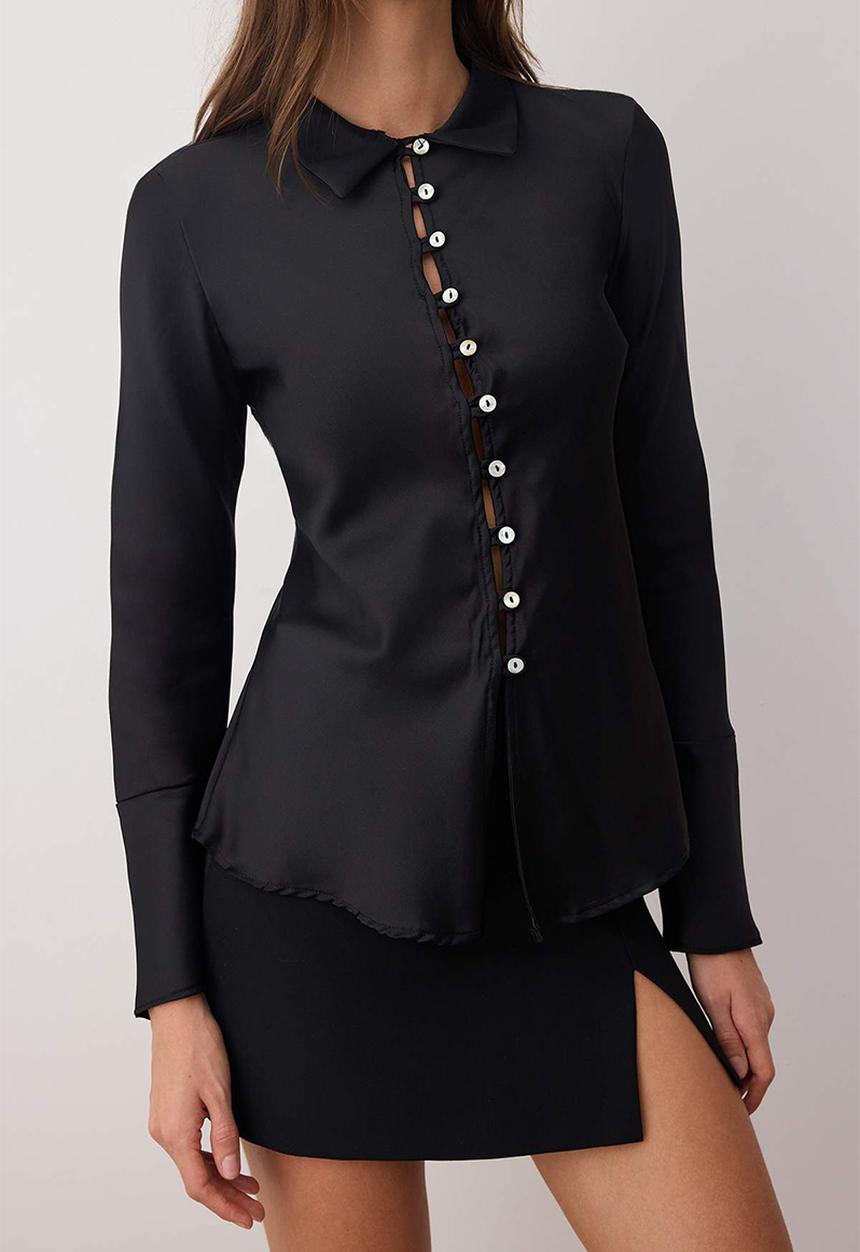 Trendyol - Button Detailed Waist Form Satin Shirt - Black