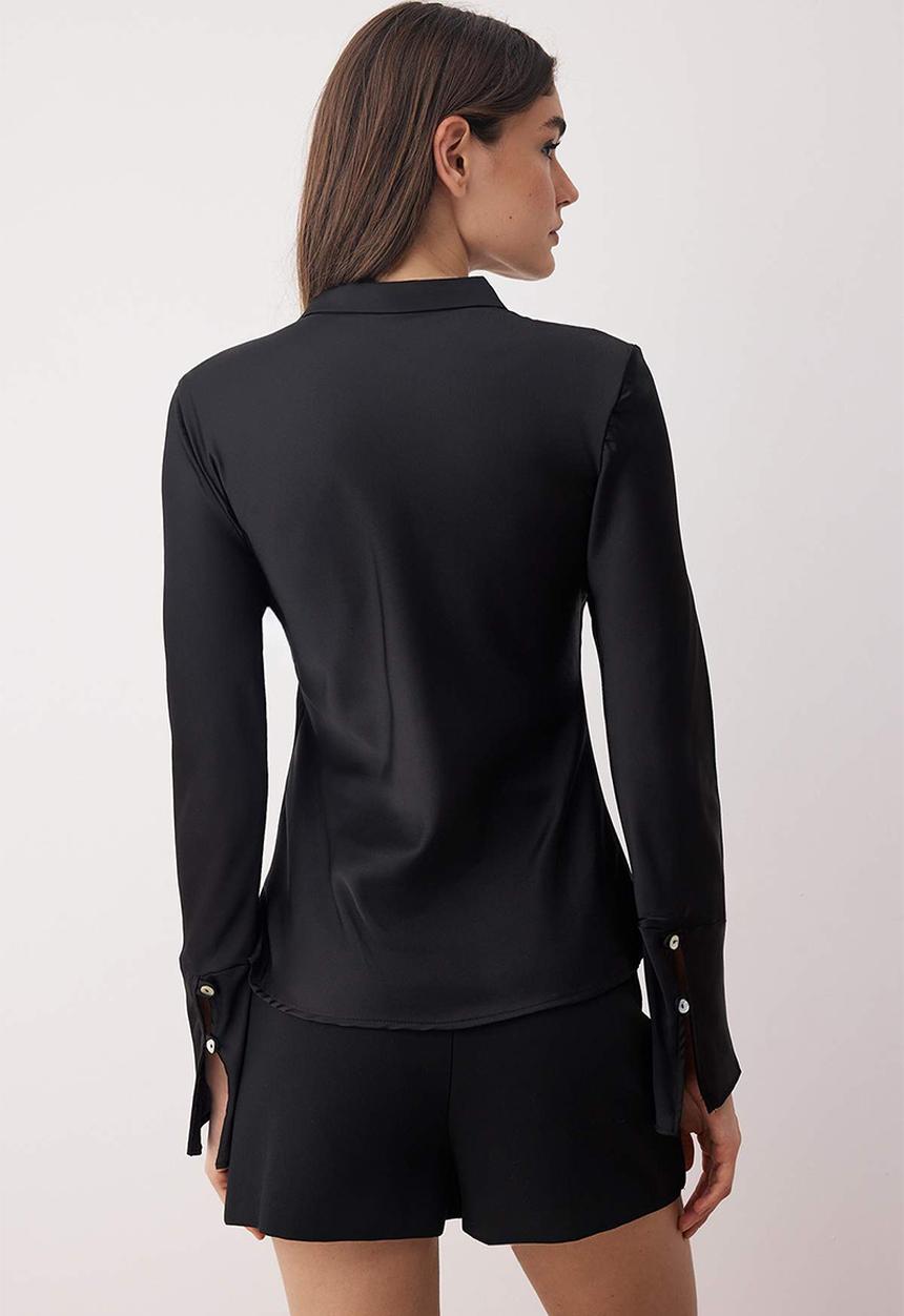 Trendyol - Button Detailed Waist Form Satin Shirt - Black