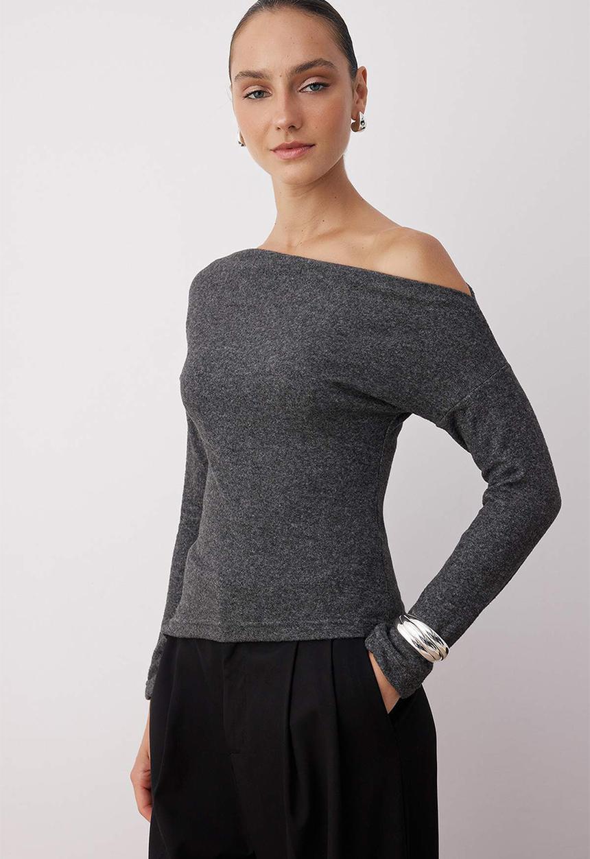 Trendyol - Asymmetric Collar Soft Knitted Blouse - Black