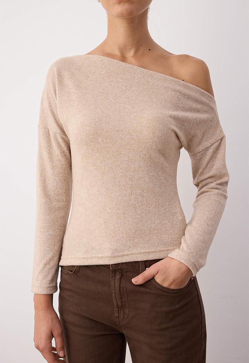 Trendyol - Asymmetric Collar Soft Knitted Blouse - Beige